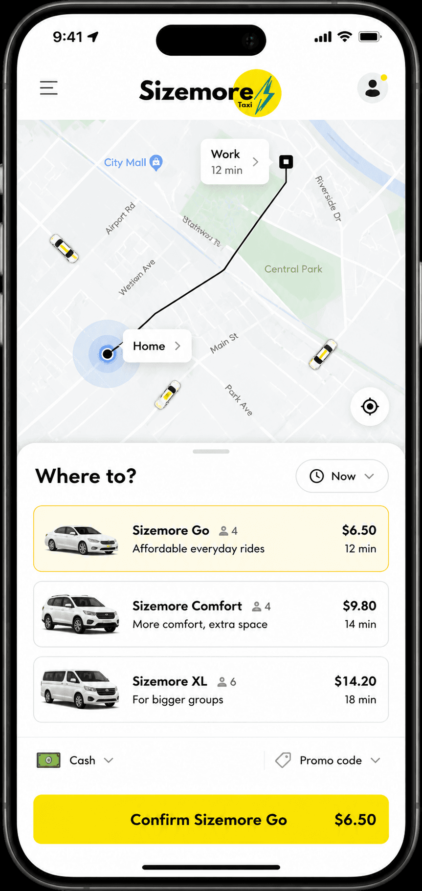 Sizemore Taxi mobile app prototype screenshot